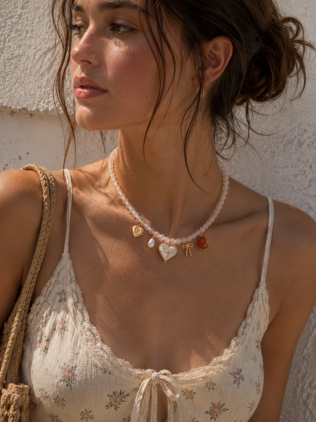 Sessori Ivory Jade Marbled Valentine Heart Bead Necklace with gold charms worn by model