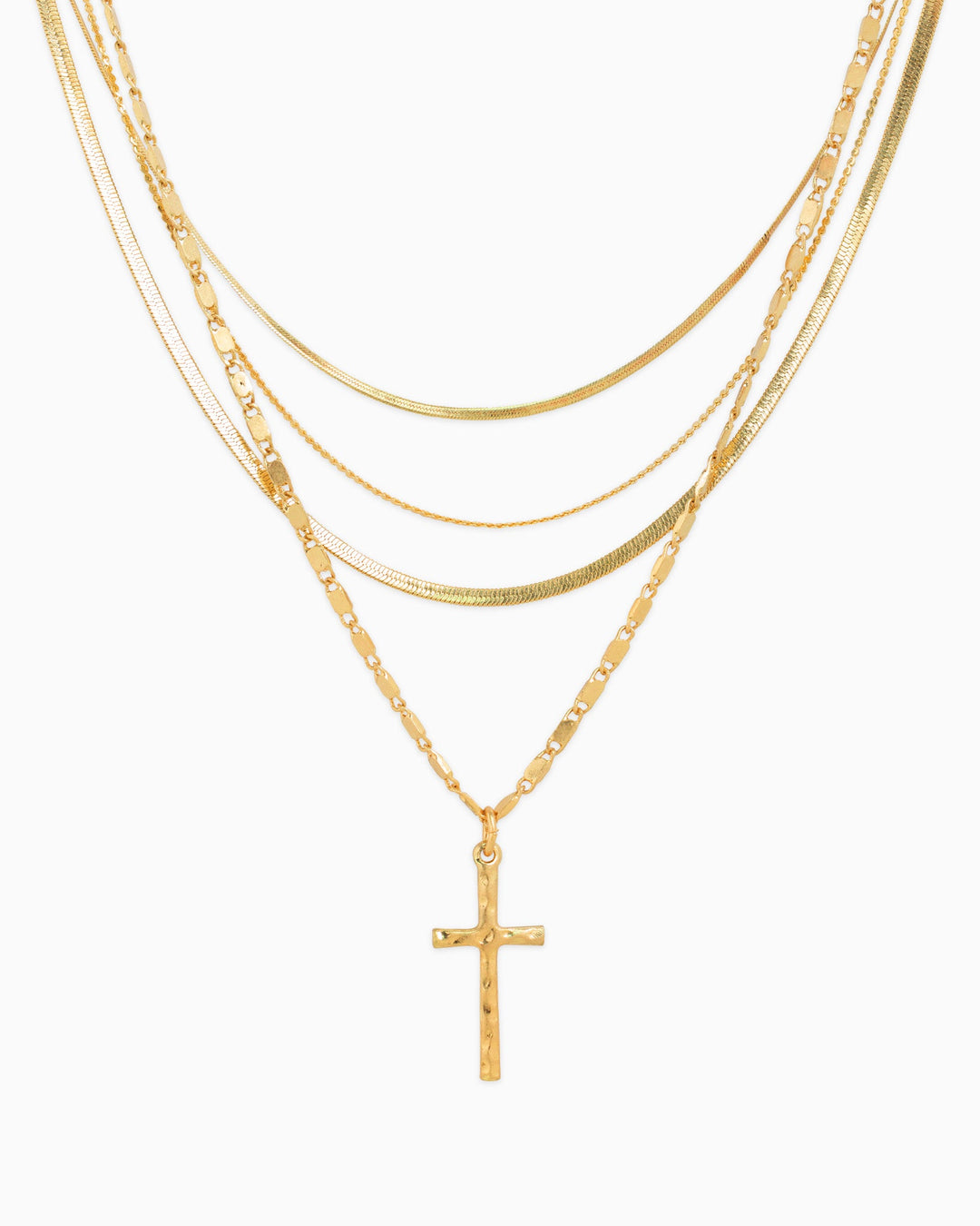 Sessori 4 layered gold snake chain necklace set with hammered cross pendant charm