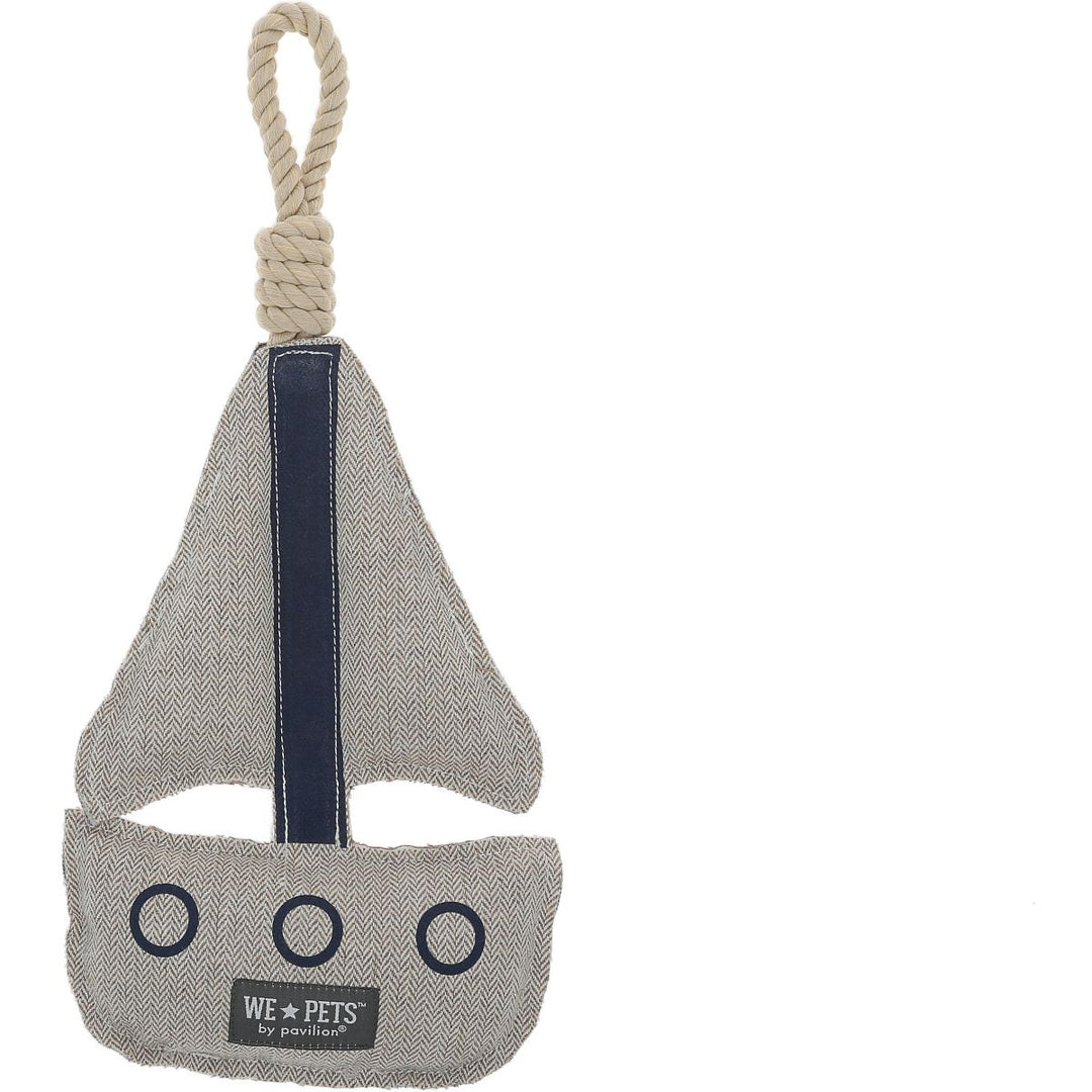 Gray herringbone sailboat dog toy with navy sail and rope handle by Pavilion