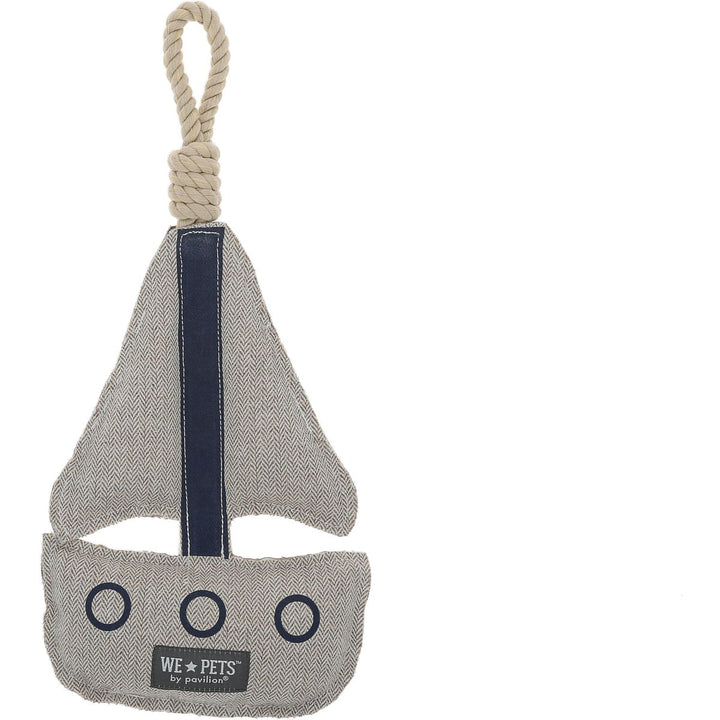 Gray herringbone sailboat dog toy with navy sail and rope handle by Pavilion