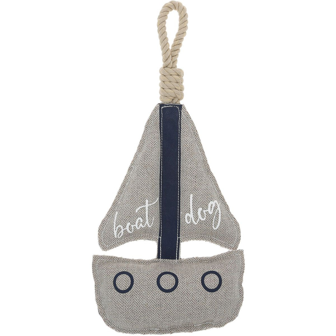 Pavilion sailboat-shaped dog toy with rope handle in gray herringbone fabric with navy trim
