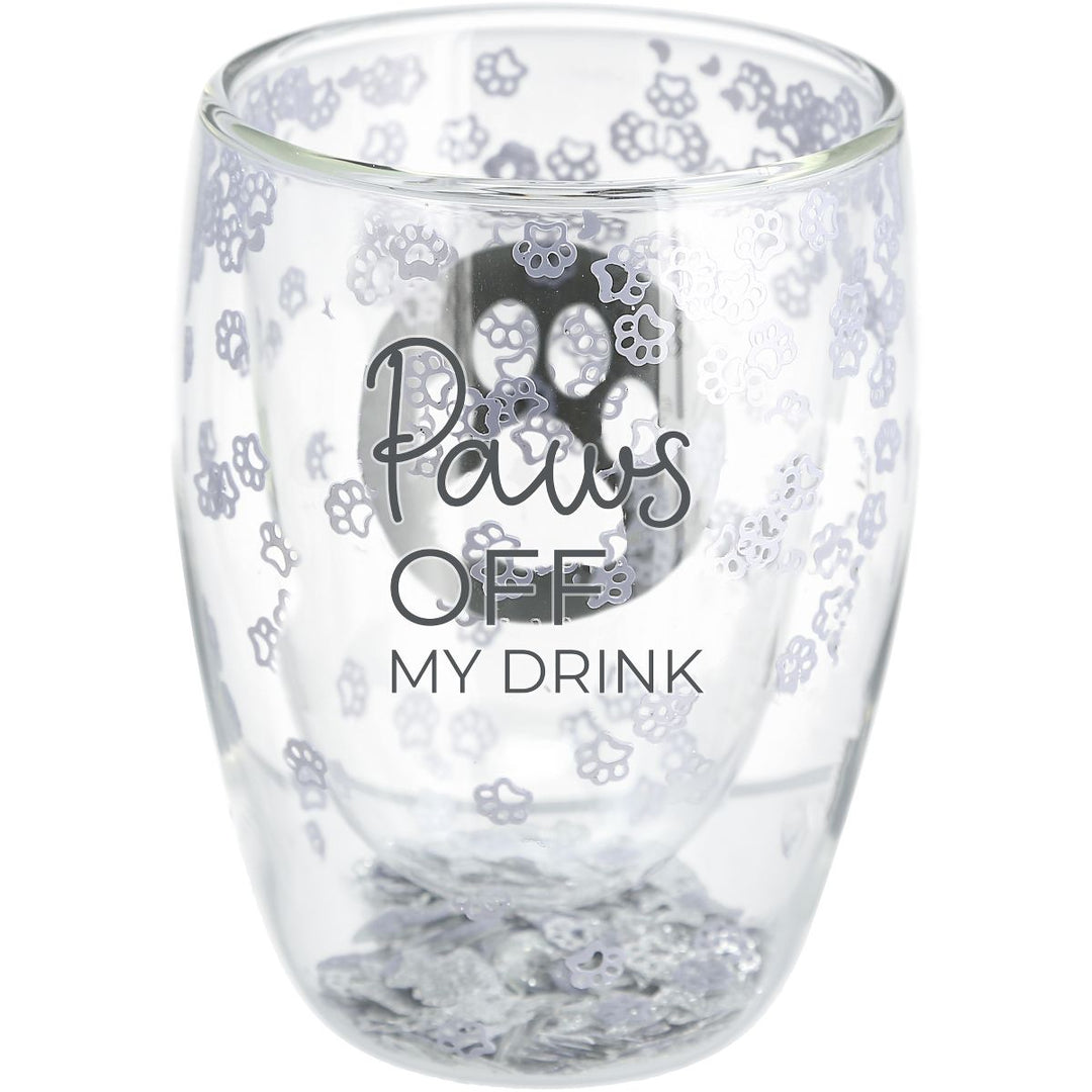 Clear double-walled glass with gray paw prints and 'Paws Off My Drink' text