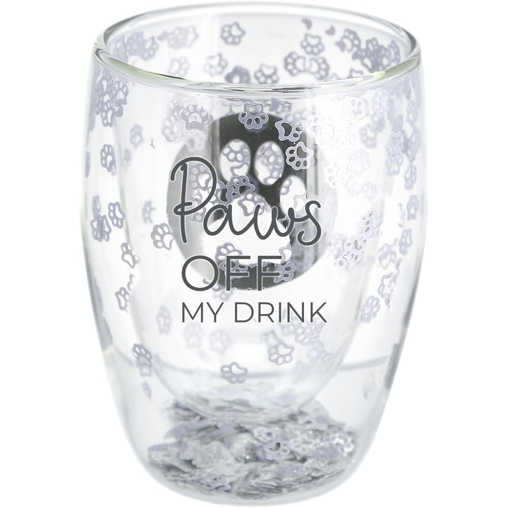 Clear double-walled glass with gray paw prints and 'Paws Off My Drink' text