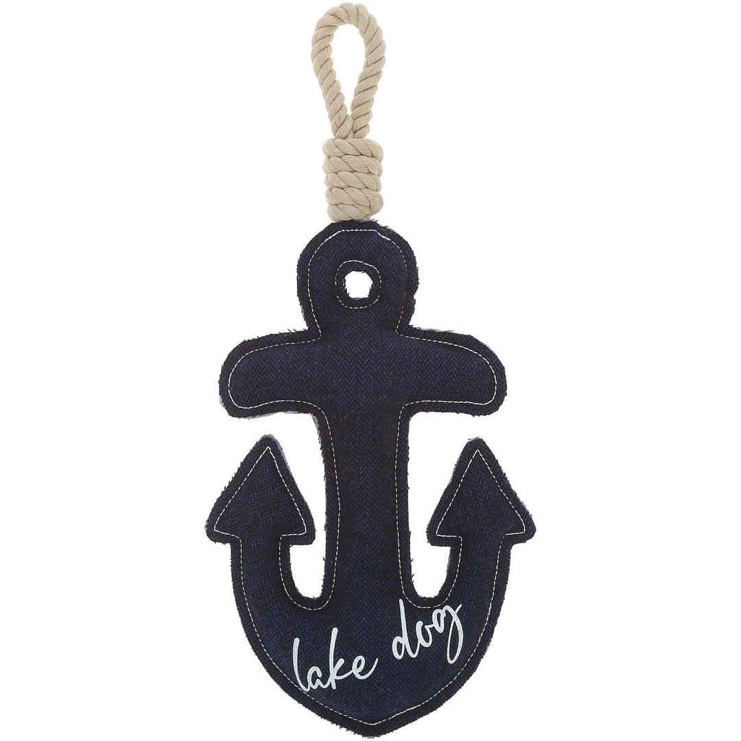 Navy blue anchor-shaped dog toy with rope handle and 'lake dog' embroidered text