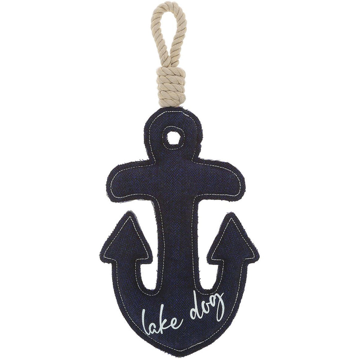 Navy blue anchor-shaped dog toy with rope handle and 'lake dog' embroidered text