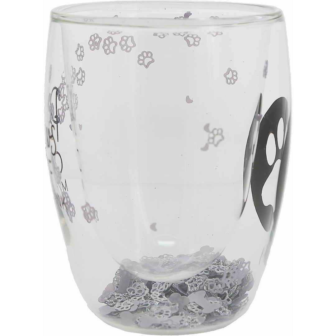 Clear stemless wine glass with gray paw print pattern and decorative bottom elements