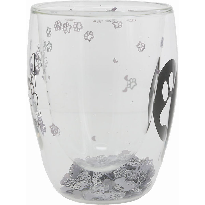 Clear stemless wine glass with gray paw print pattern and decorative bottom elements