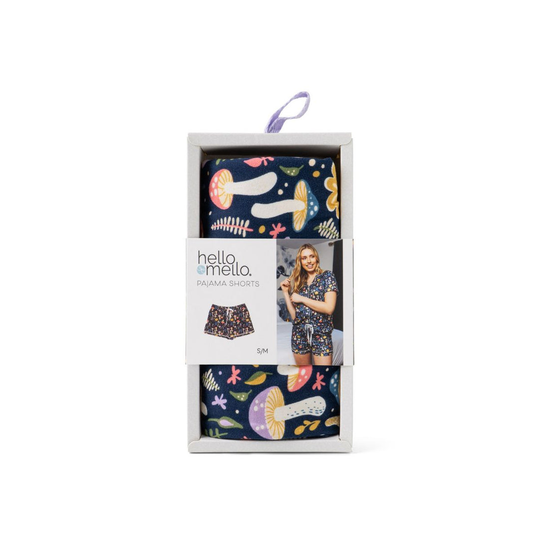 Hello Mello pajama shorts in navy with colorful mushrooms and florals in gift box