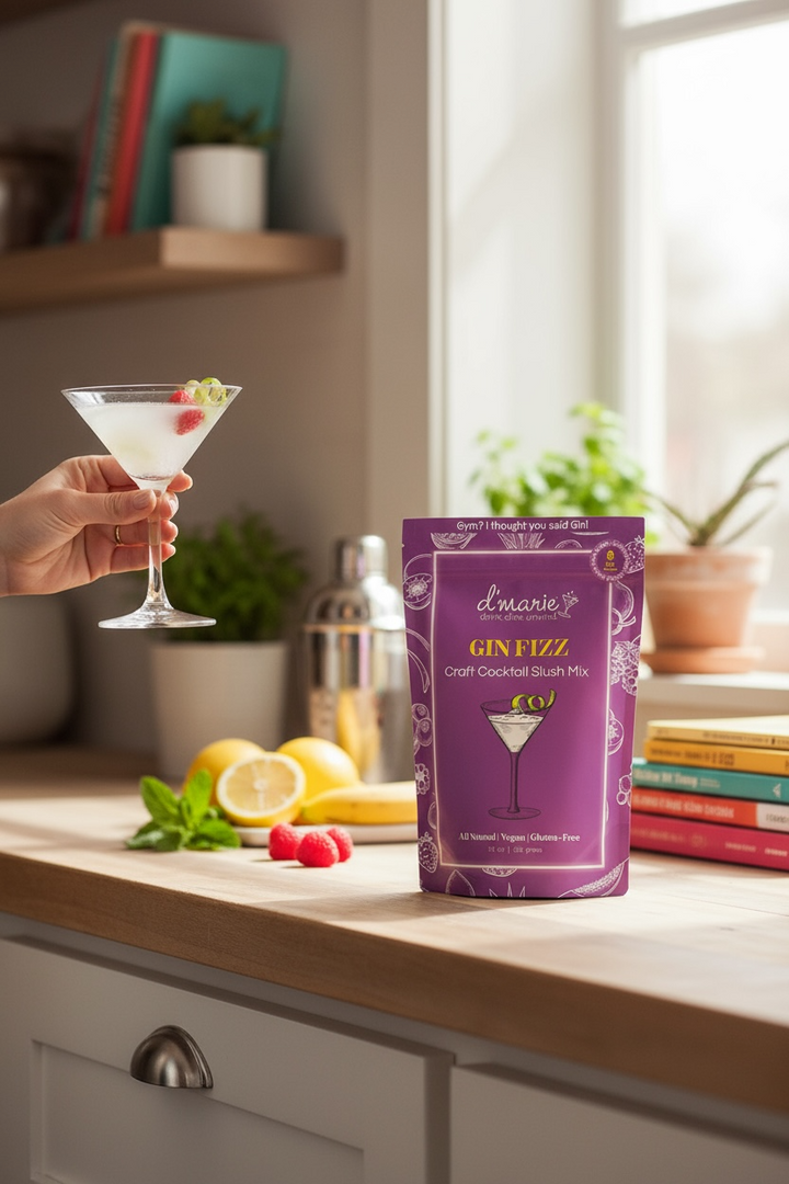 D'Marie Gin Fizz Craft Cocktail Slush Mix in purple packaging with martini glass
