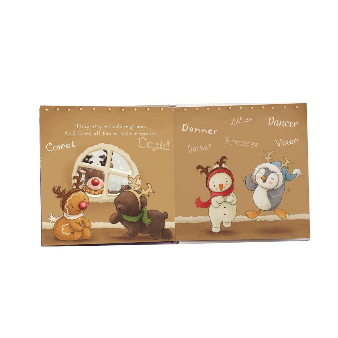 Interior spread of Elf-A-Mentary School book showing reindeer names and cute holiday characters