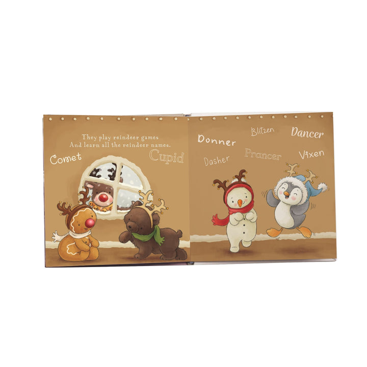 Interior spread of Elf-A-Mentary School book showing reindeer names and cute holiday characters