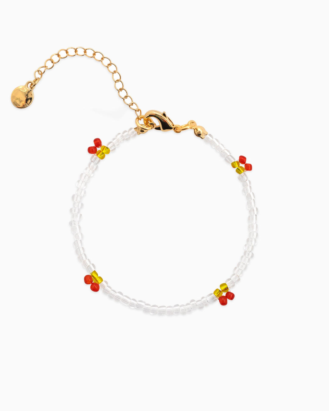 Sessori beaded bracelet with clear beads, red cherry and yellow accent clusters, gold lobster clasp