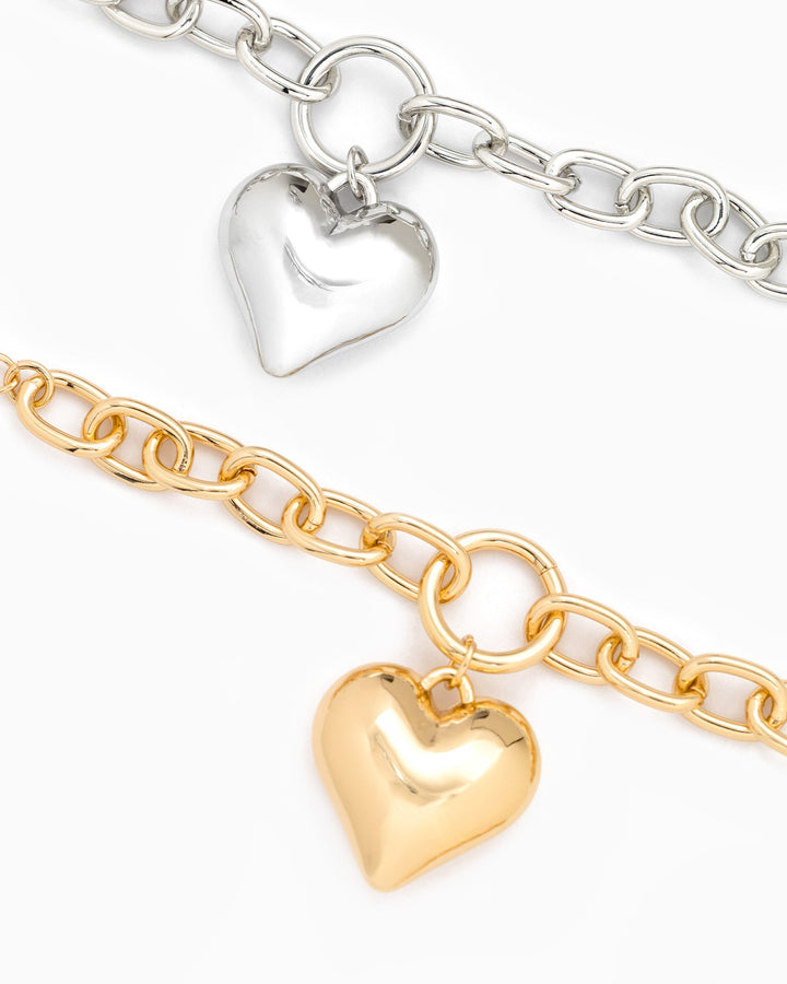 Sessori Puffy Heart Chunky Oval Chain Necklace shown in silver and gold versions
