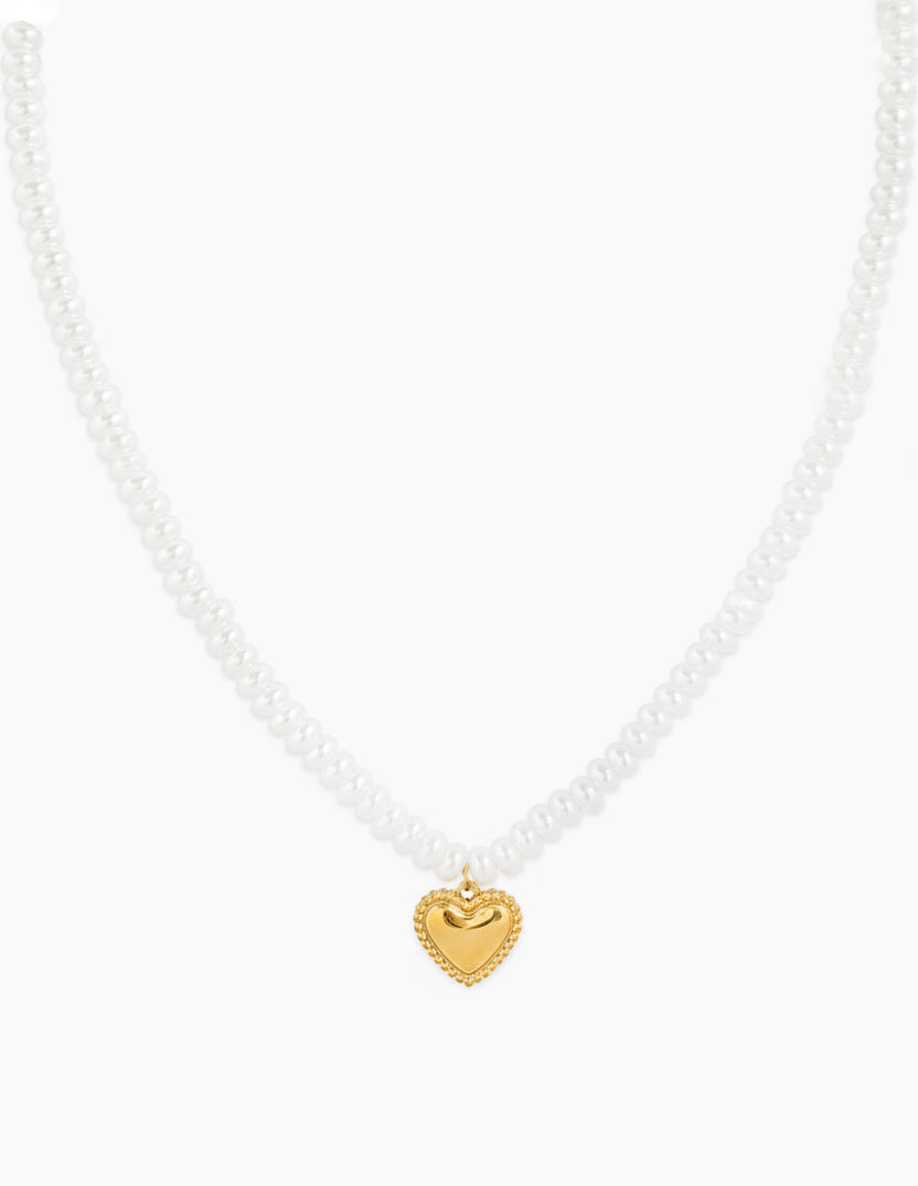 Sessori pearl beaded necklace with gold stainless steel puffed heart charm pendant