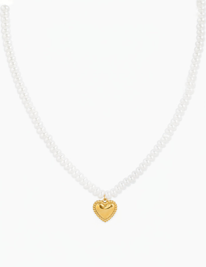 Sessori pearl beaded necklace with gold stainless steel puffed heart charm pendant