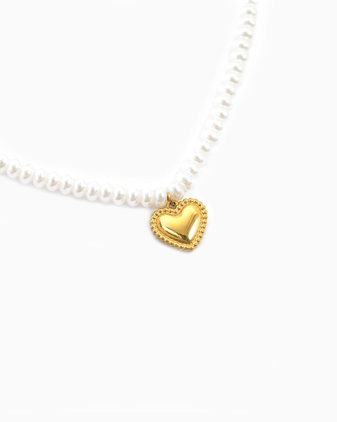 Sessori pearl beaded necklace with a gold puffed heart charm with beaded border