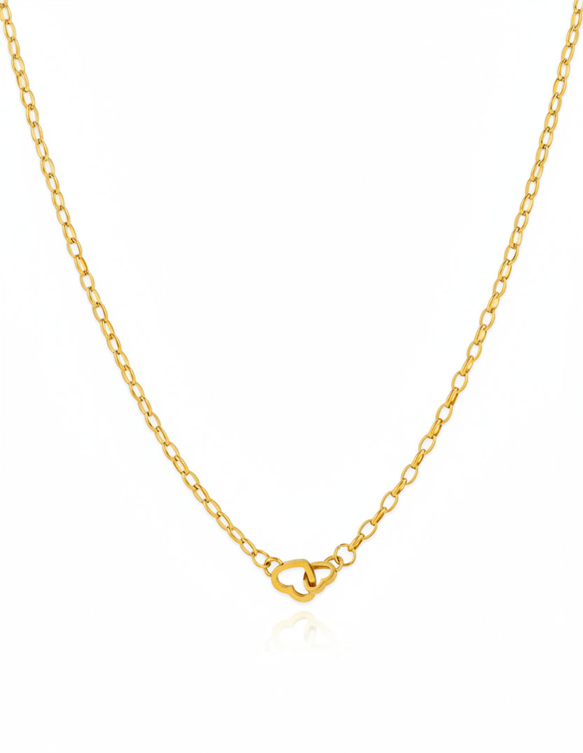 Sessori gold stainless steel chain necklace with interlocked double heart centerpiece pendant