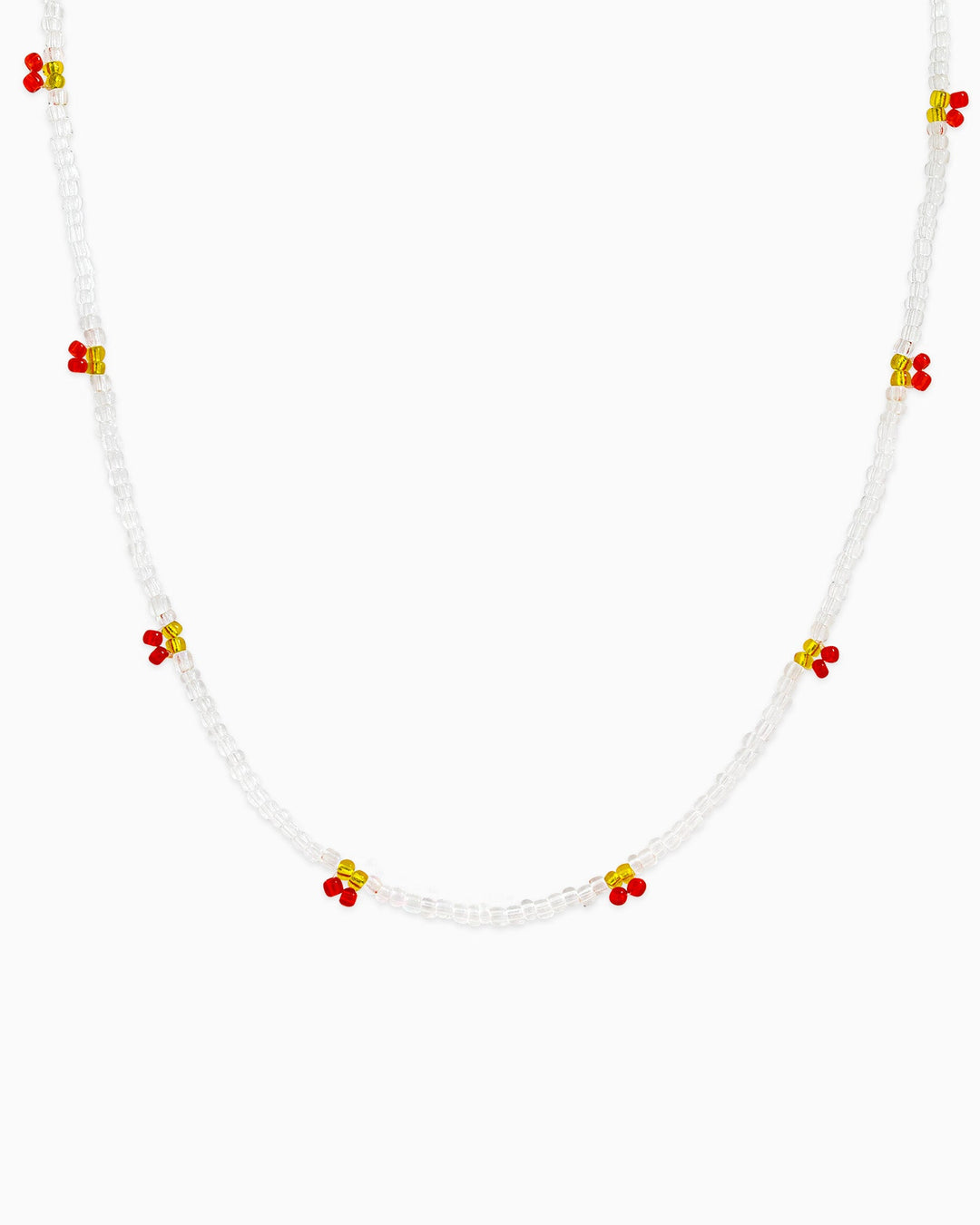Sessori Fruit Cherry Station Charm Beaded Necklace with white clear beads and red cherry accents
