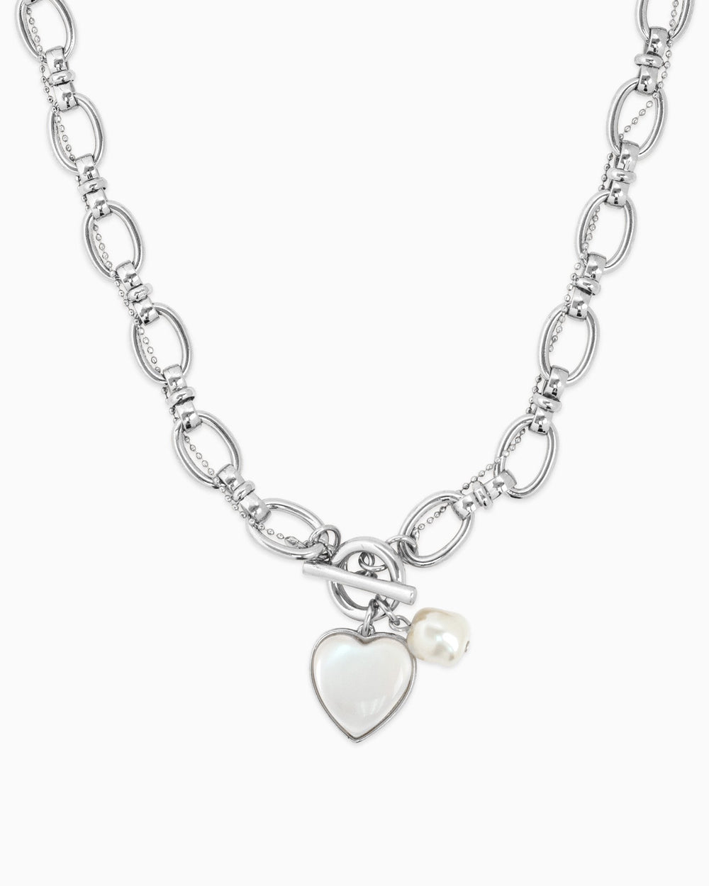 Sessori silver twist chain toggle necklace with mother-of-pearl heart charm and freshwater pearl pendant