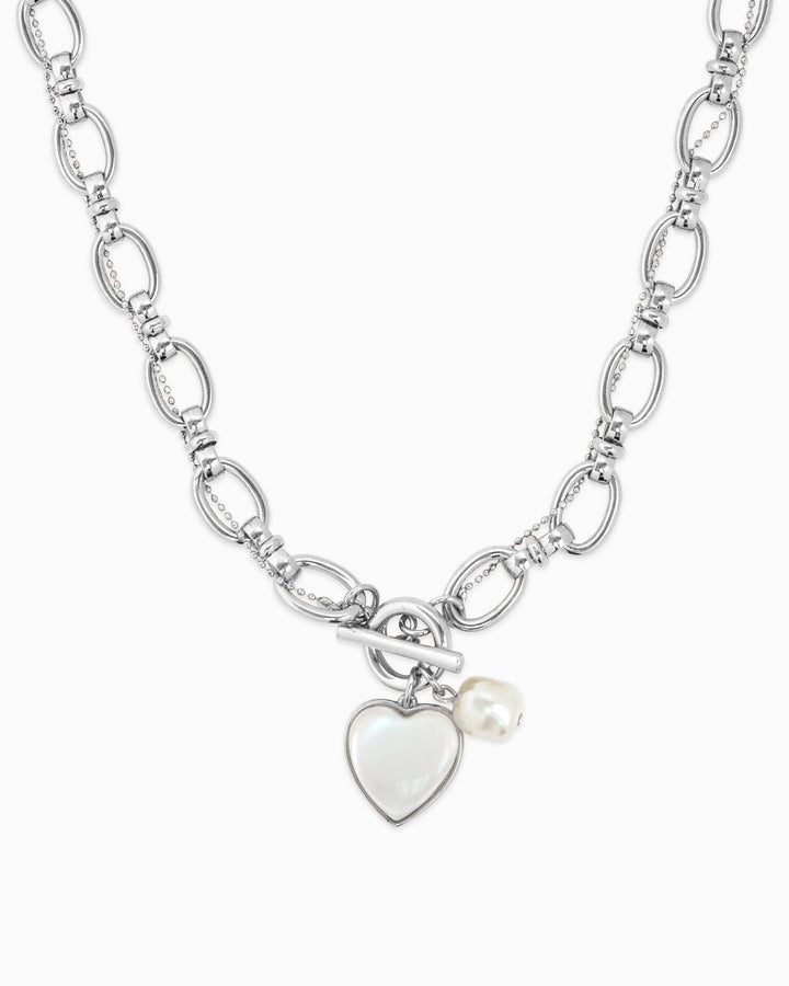 Sessori silver twist chain toggle necklace with mother-of-pearl heart charm and freshwater pearl pendant