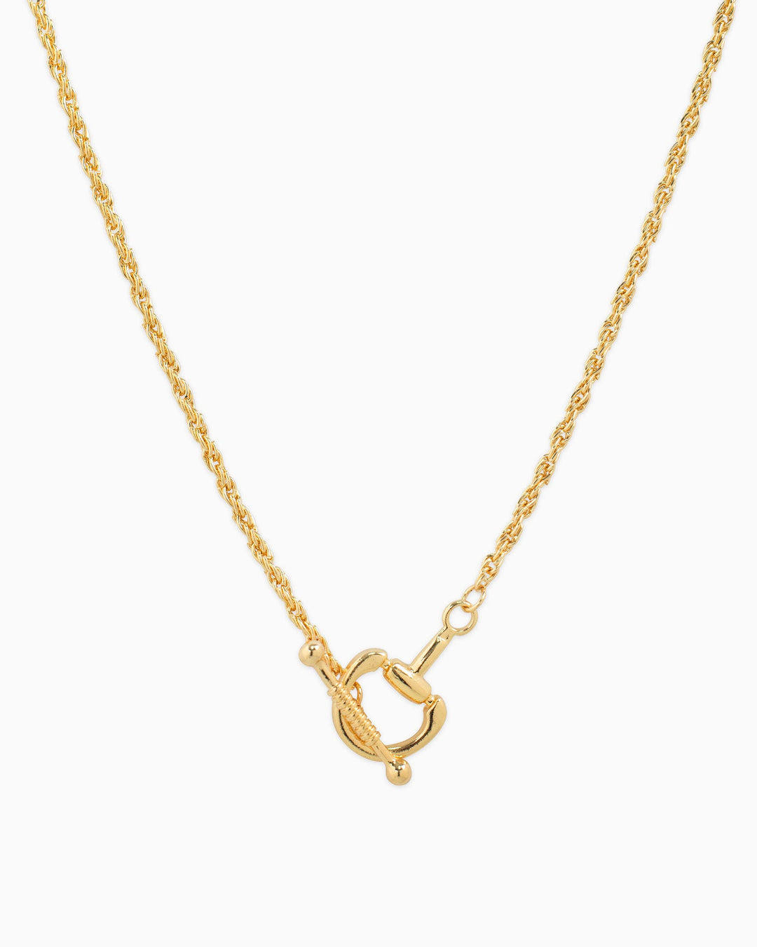 Sessori gold rope chain necklace with decorative horsebit toggle clasp centerpiece