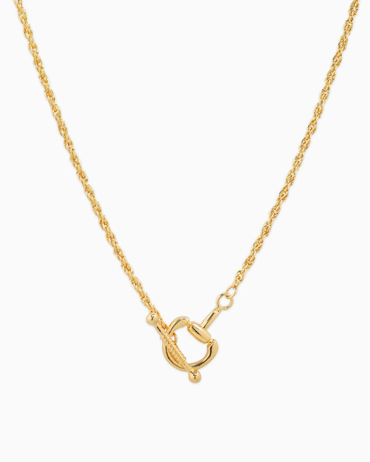 Sessori gold rope chain necklace with decorative horsebit toggle clasp centerpiece