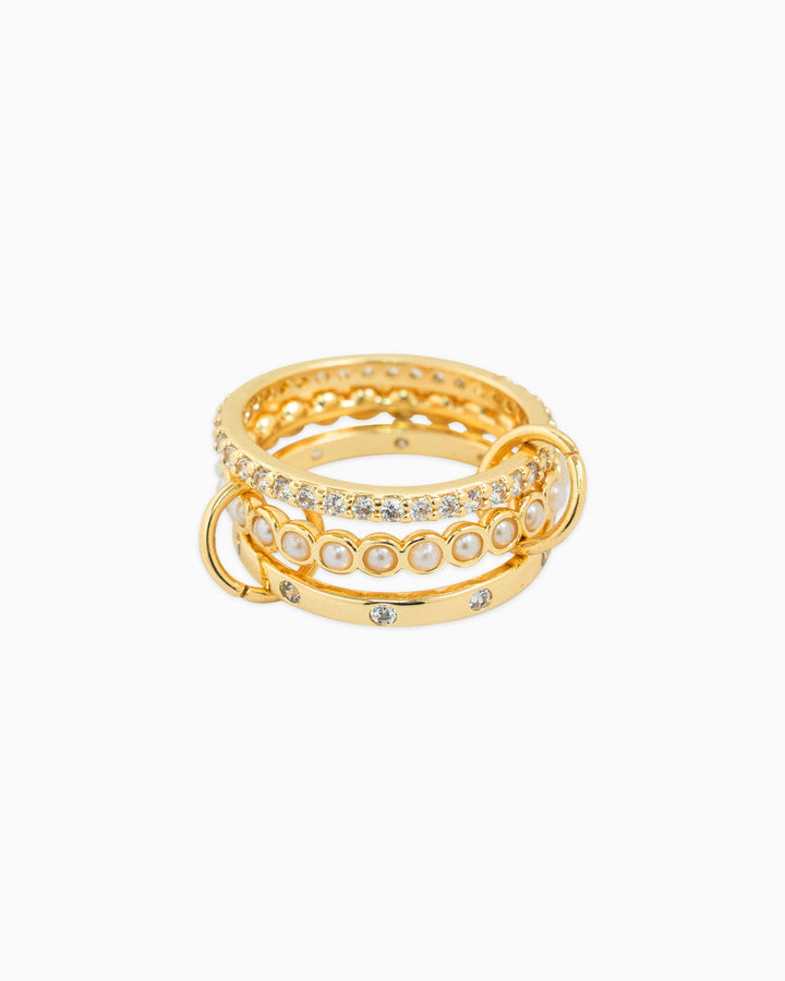 Sessori Interlocking Ring Stack in gold with pearl and crystal embellished bands
