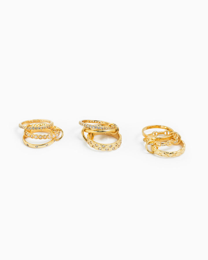 Sessori Interlocking Ring Stack set of nine gold rings with crystals and pearls