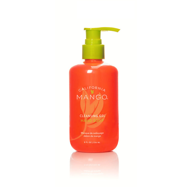California Mango Cleansing Gel Hand Soap 8oz in vibrant orange pump bottle with lime green top.