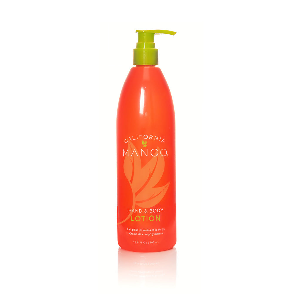California Mango Hand and Body Lotion 500ml in a coral orange pump bottle