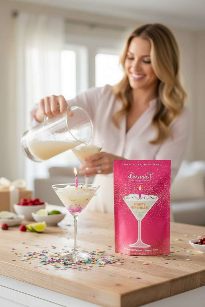 D'Marie Happy Birthday cocktail mix in pink packaging with woman pouring drink