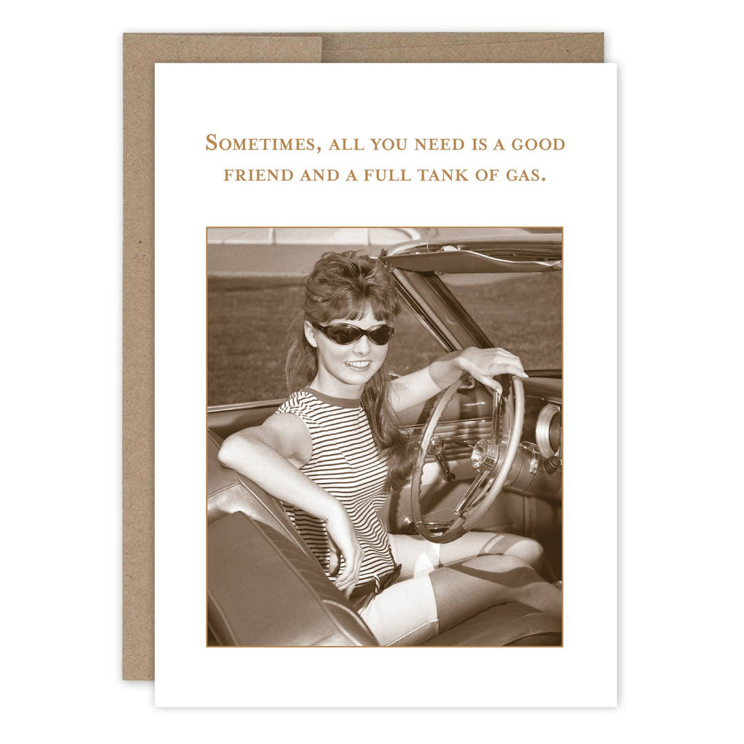 Shannon Martin greeting card featuring vintage woman in car with friendship quote