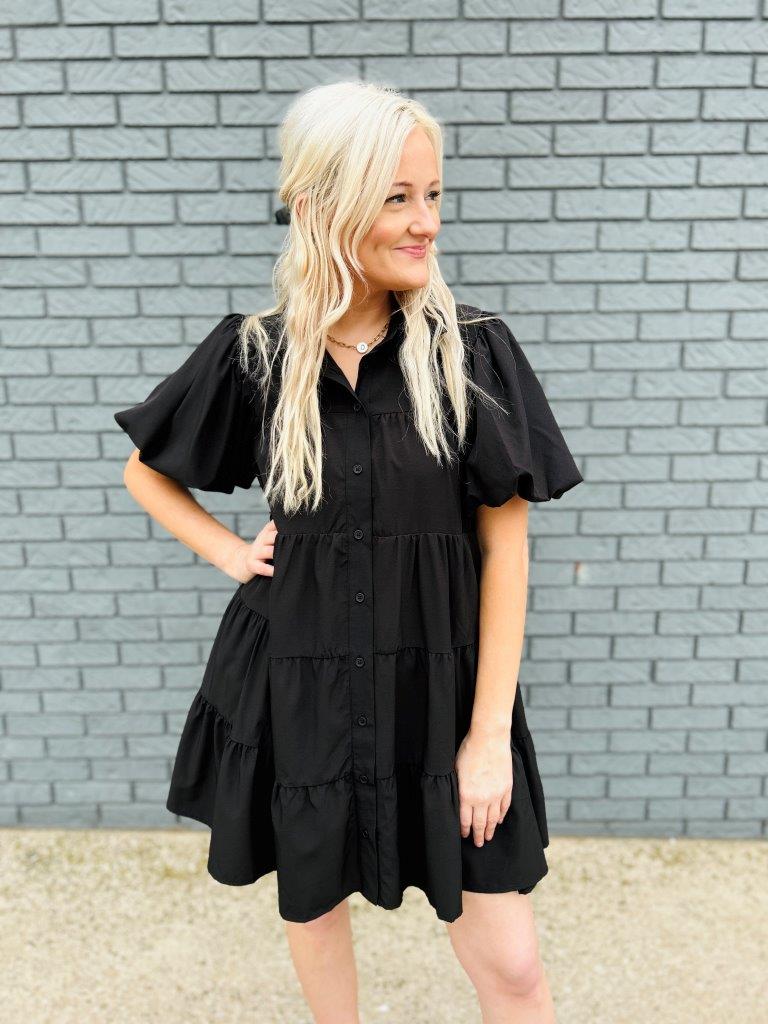 Solid Button Up Puff Sleeve Dress