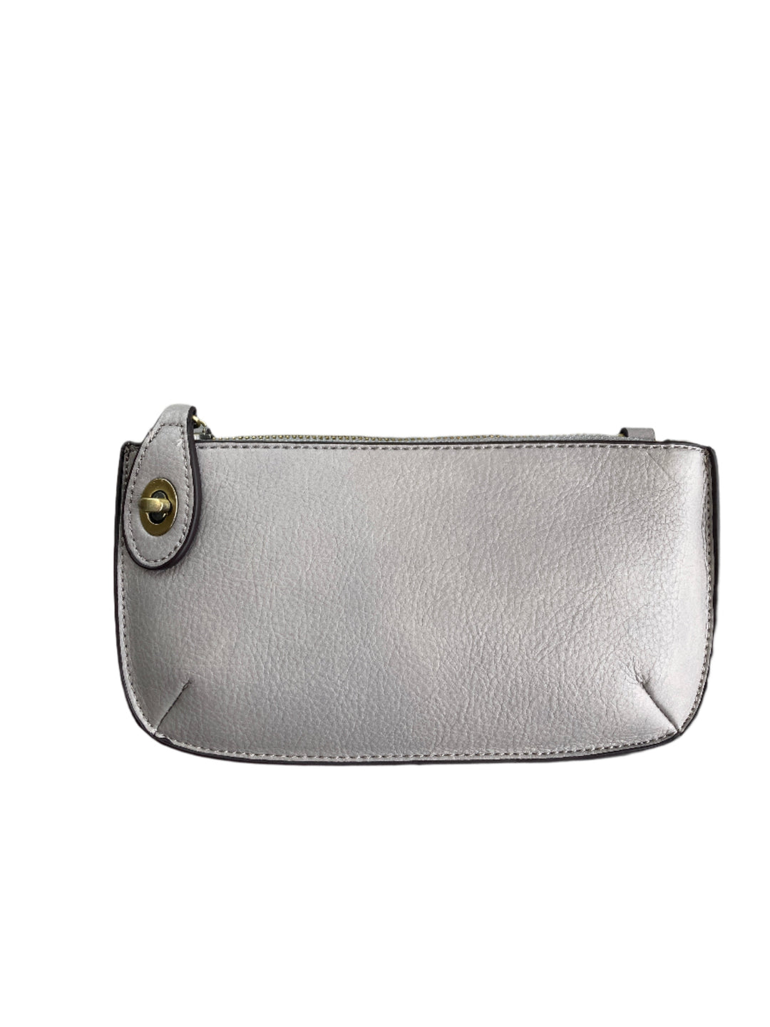 Silver grey faux leather wristlet clutch with gold turn lock and zip closure