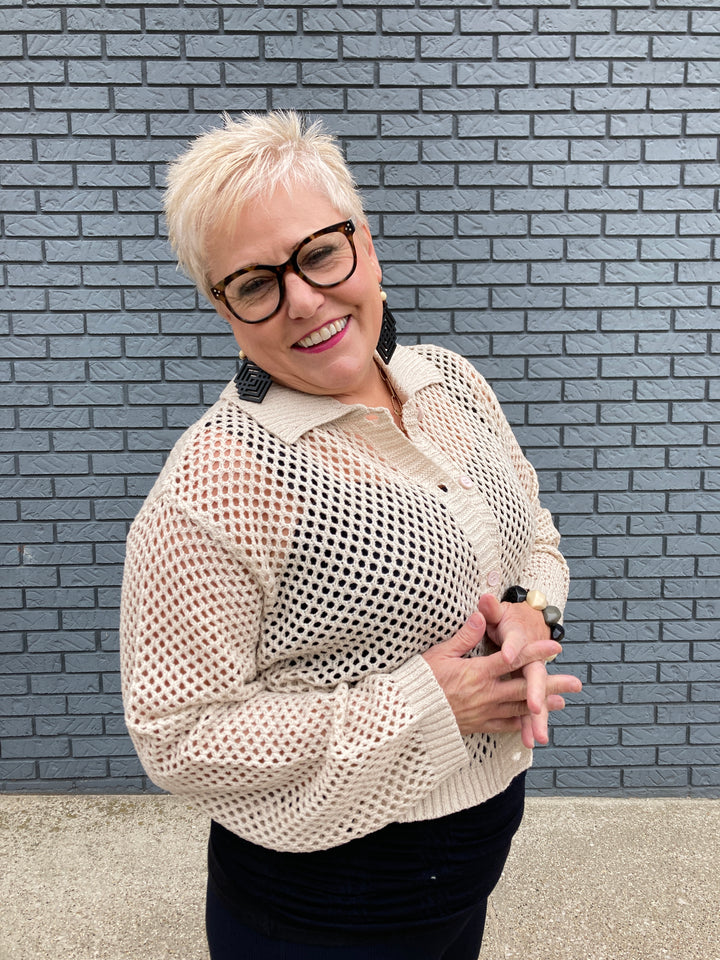 open knit collared cardigan