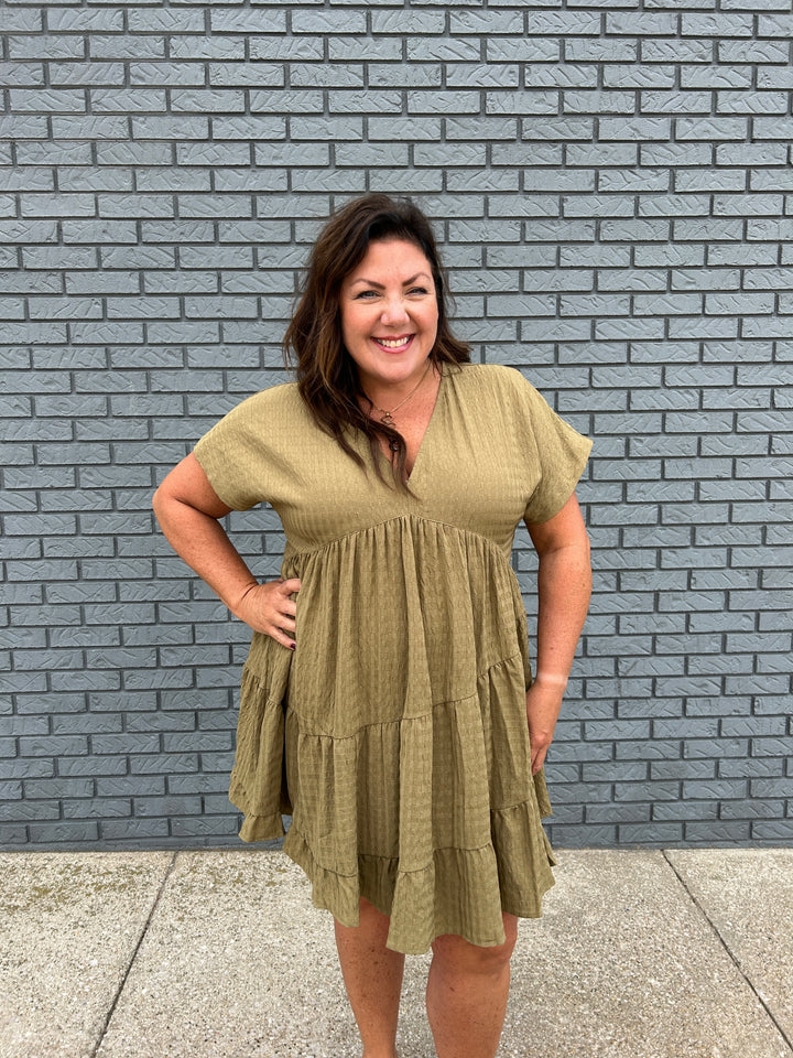 Ruffled Textured V-Neck Mini Dress
