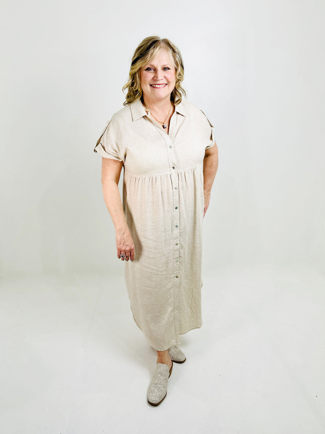 Oversized Solid Linen Woven Midi Dress