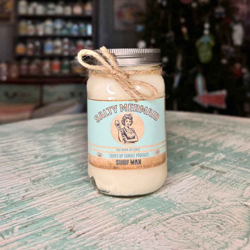 Salty Mermaid Surf Wax 16oz soy wax candle in mason jar with teal label and twine bow
