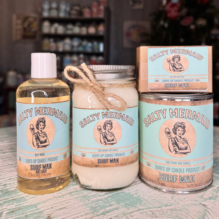 Salty Mermaid Surf Wax 16oz mason jar soy wax candle with twine bow by Surfs Up Candle