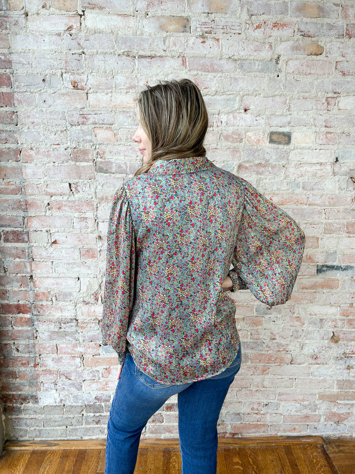 Floral Satin Top w/ Collared Neck