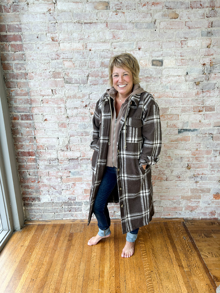 Twofer Hoodie Plaid Long Jacket