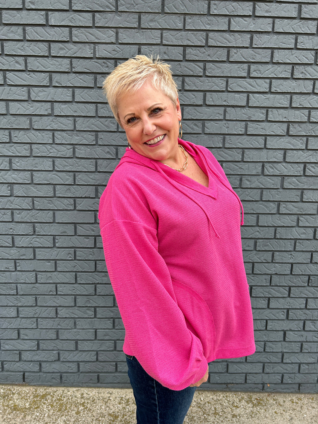V-neck Puff Sleeve Hooded Knit Top