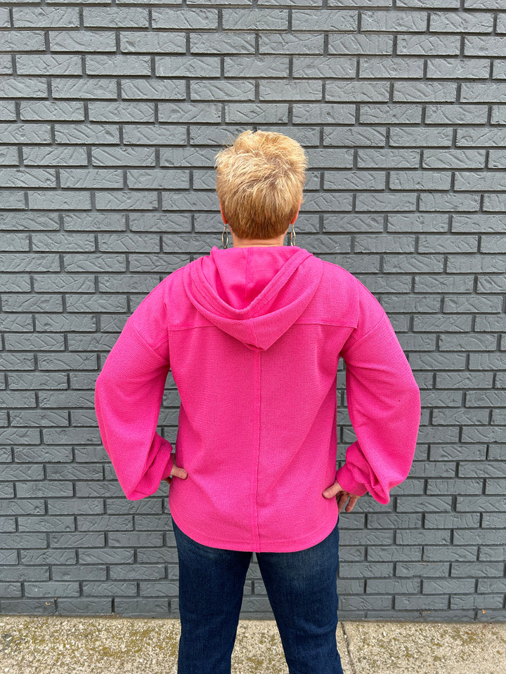 V-neck Puff Sleeve Hooded Knit Top
