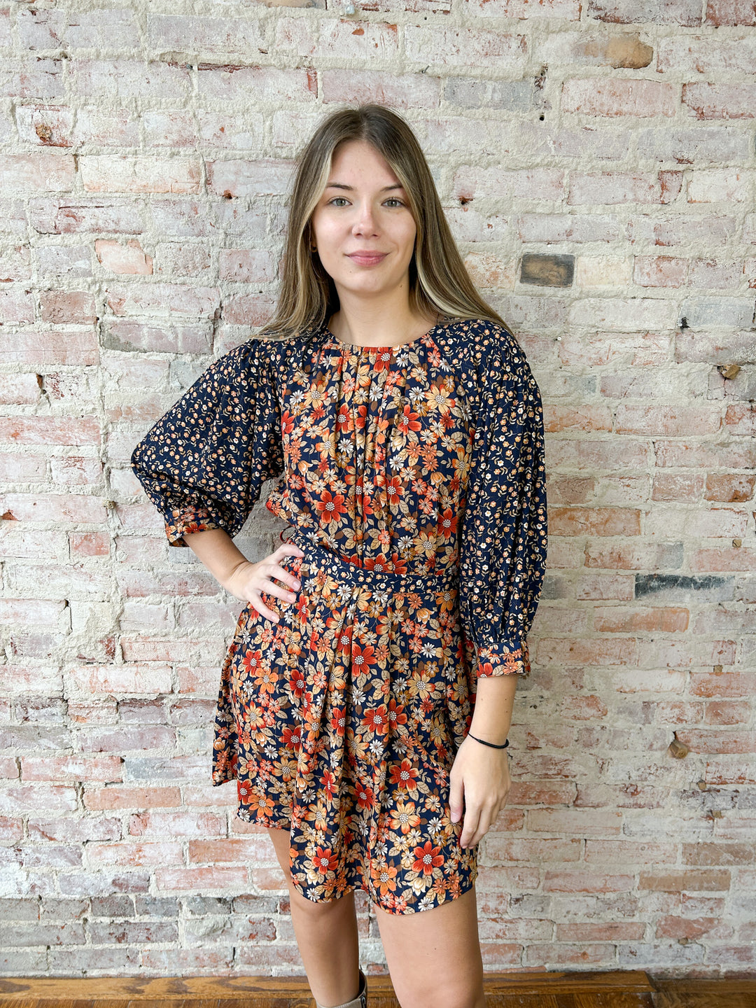 3/4 Floral Mix Print Dress w/ Belt