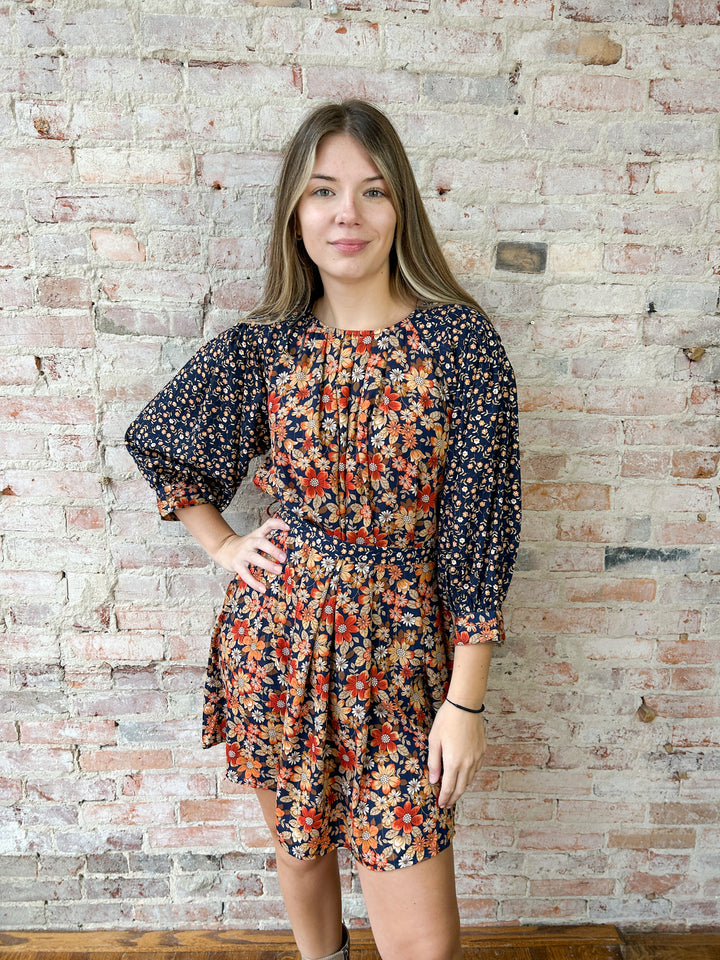 3/4 Floral Mix Print Dress w/ Belt