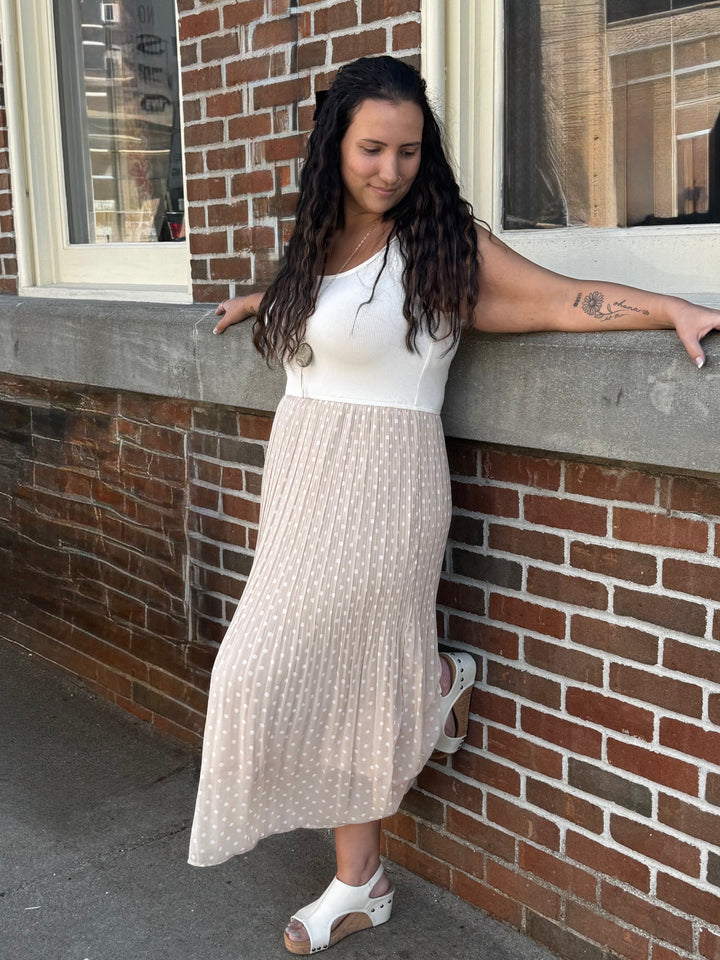 Pleated Polka Dot Midi Dress