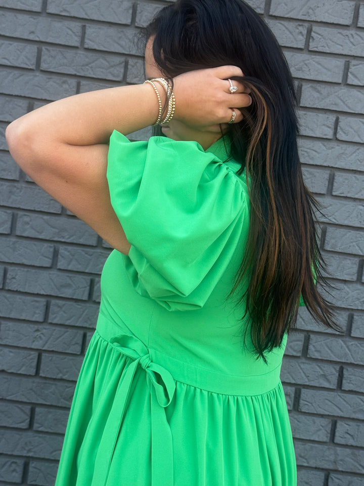 Solid Bubble Sleeve Midi Dress
