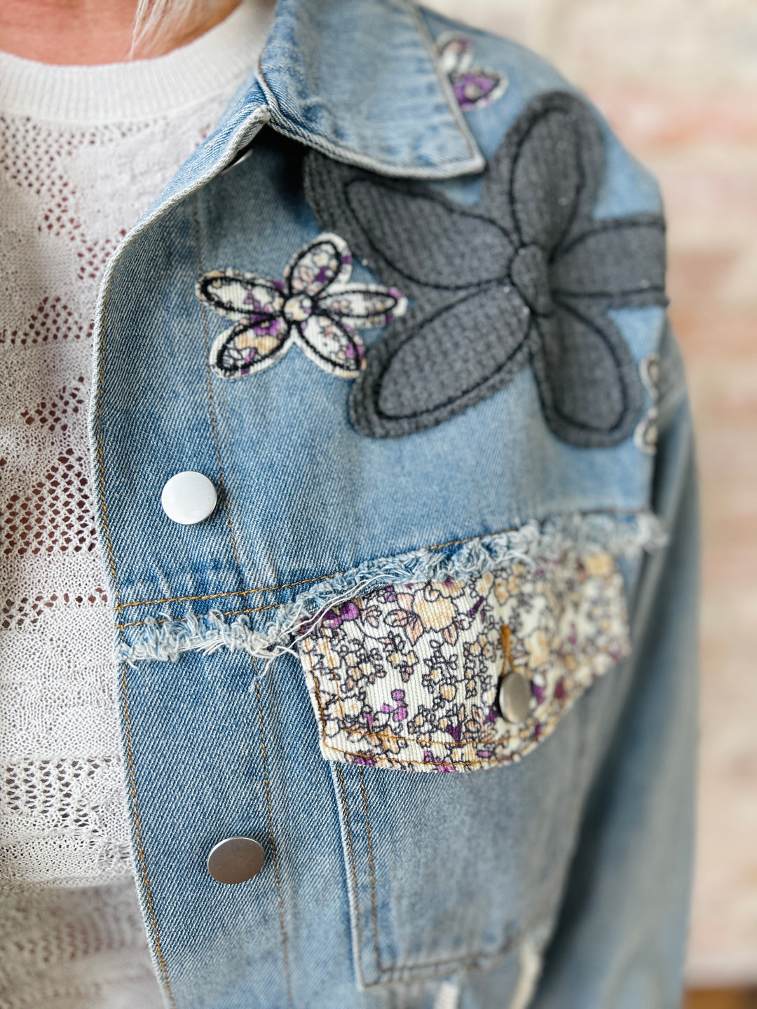 Lace & Floral Design Denim Jacket