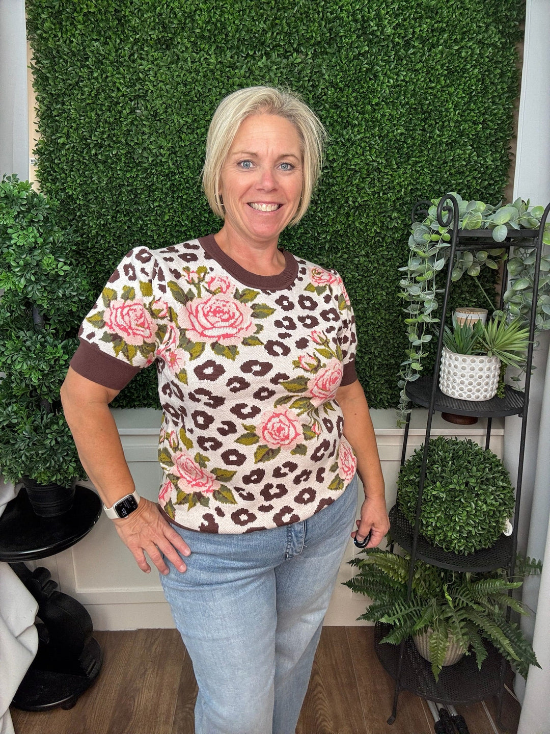 Blending Pattern Jacquard Knit Short Puff Sleeve Sweater