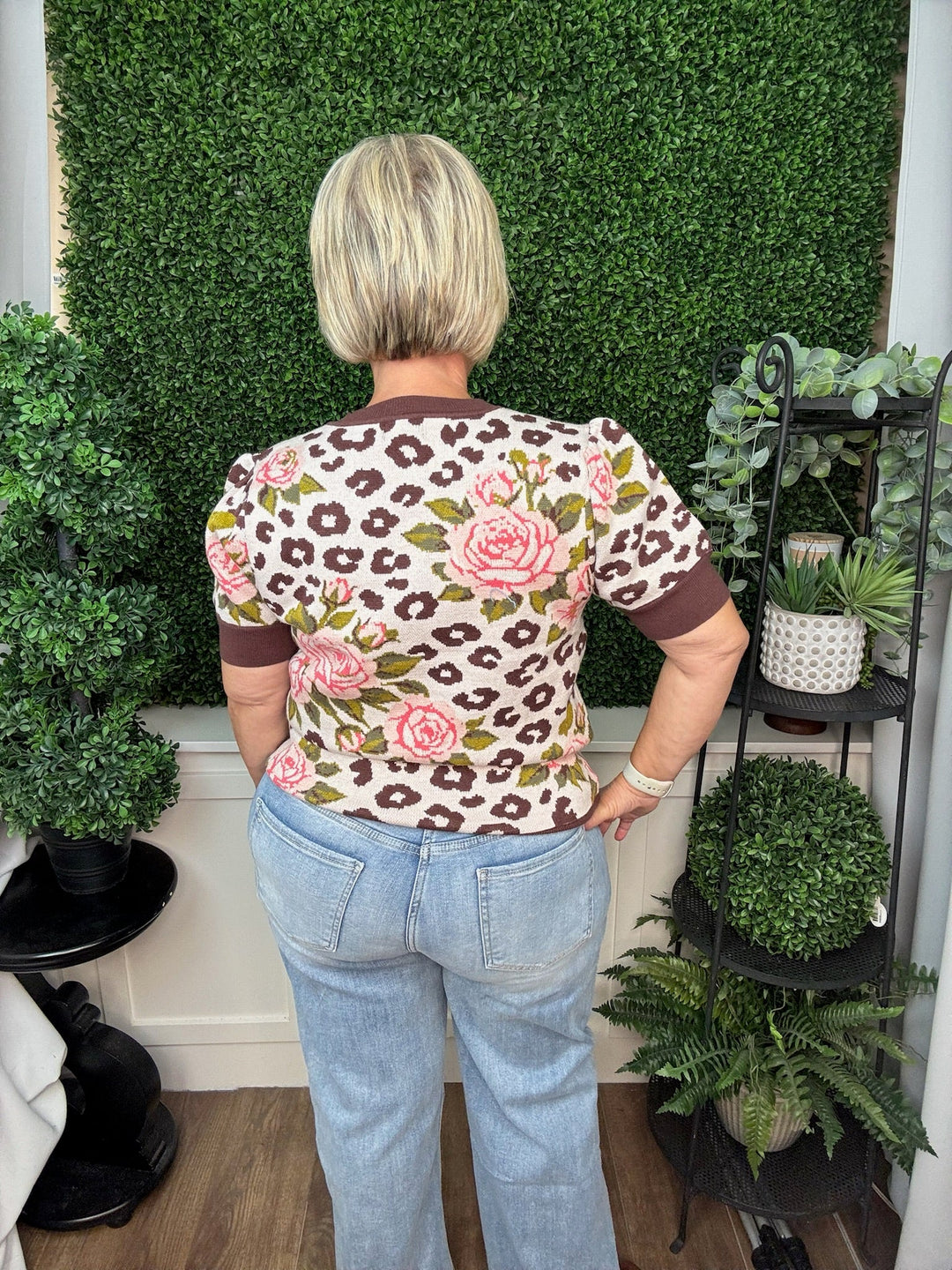 Blending Pattern Jacquard Knit Short Puff Sleeve Sweater